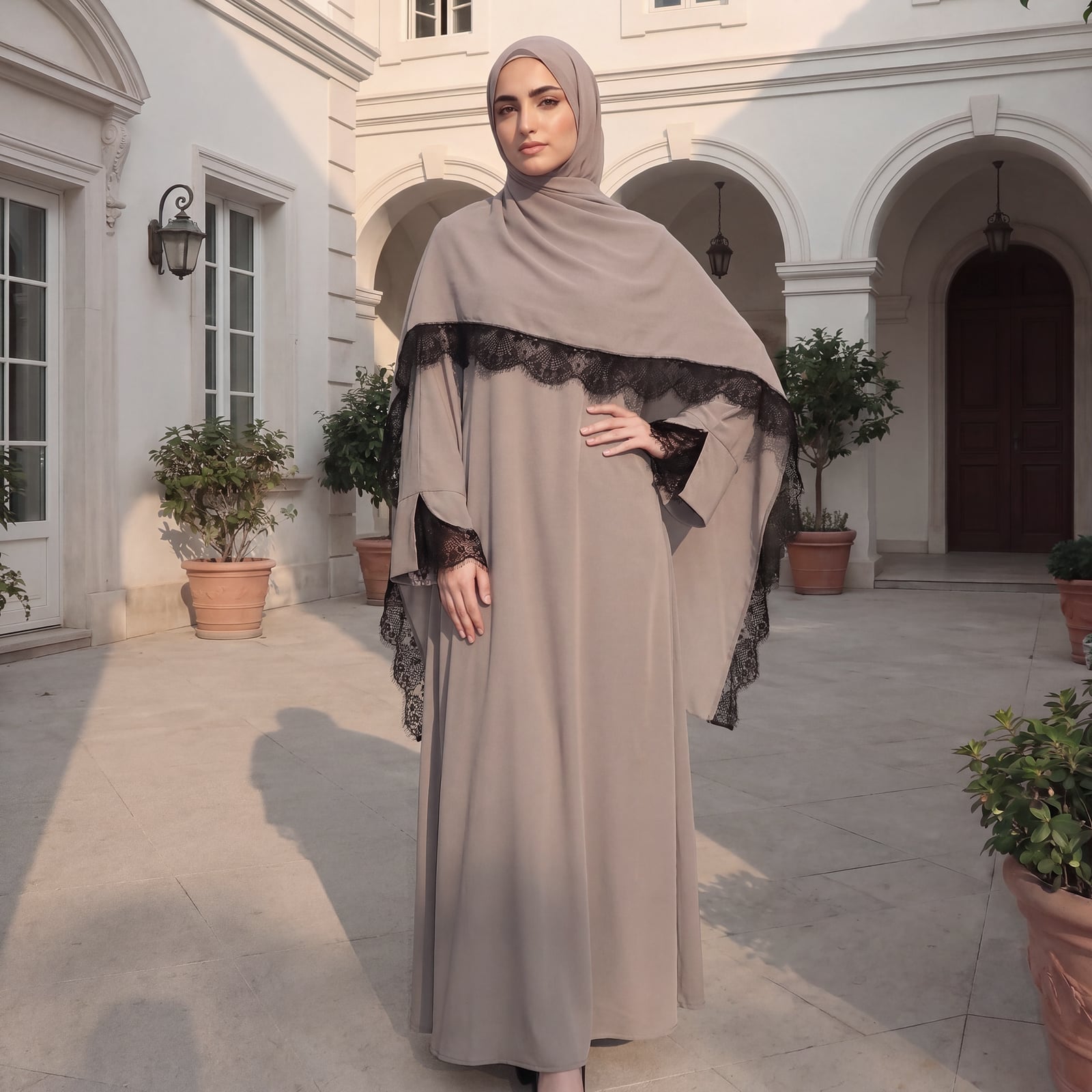 Taupe Abaya with Black Lace Trim Taupe Abaya with Black Lace Trim — Classy Muslim Outfits