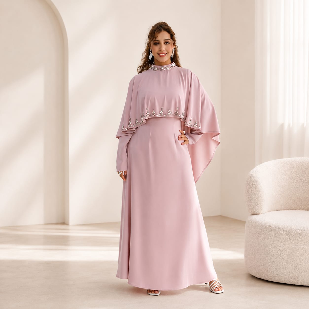 Pink Embellished Dress with Cape Detail Pink Embellished Dress with Cape Detail — Classy Muslim Outfits