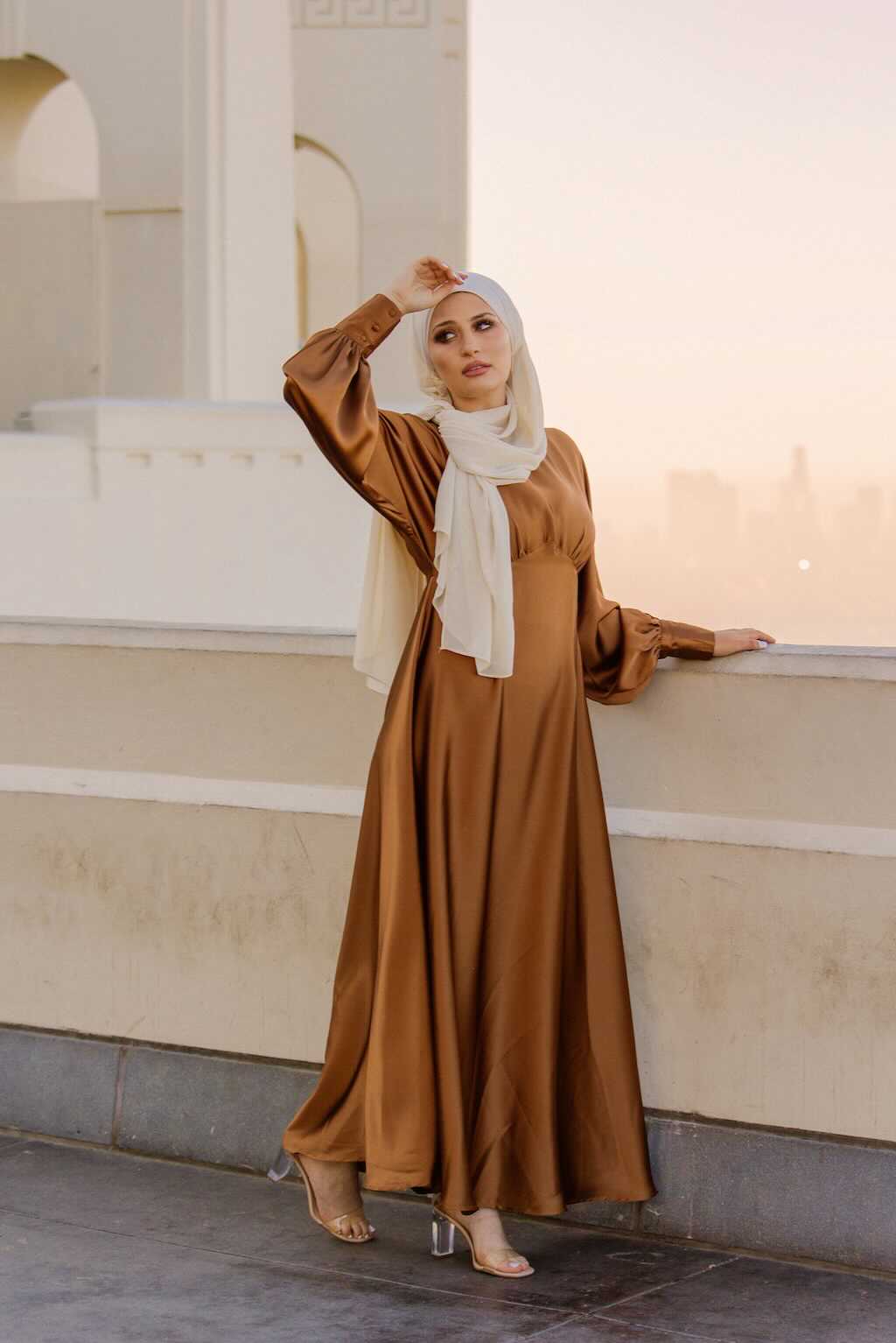 Caramel Satin Dress with Voluminous Sleeves Caramel Satin Dress with Voluminous Sleeves — Classy Muslim Outfits