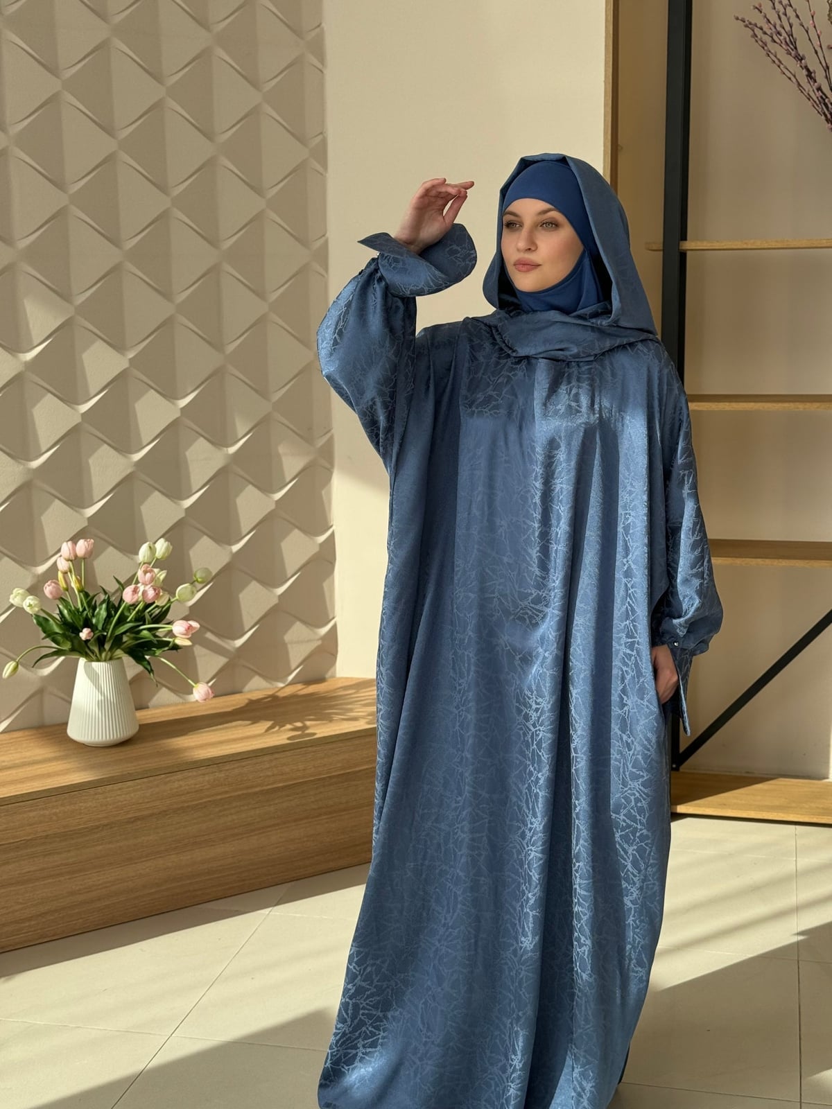 Oversized Blue Jacquard Hooded Abaya Oversized Blue Jacquard Hooded Abaya — Classy Muslim Outfits