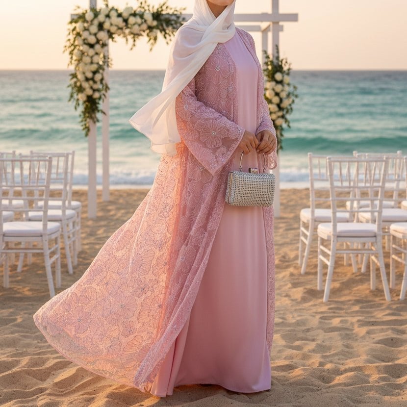 Beaded Lace Abaya Over Pink Dress Beaded Lace Abaya Over Pink Dress — Classy Muslim Outfits