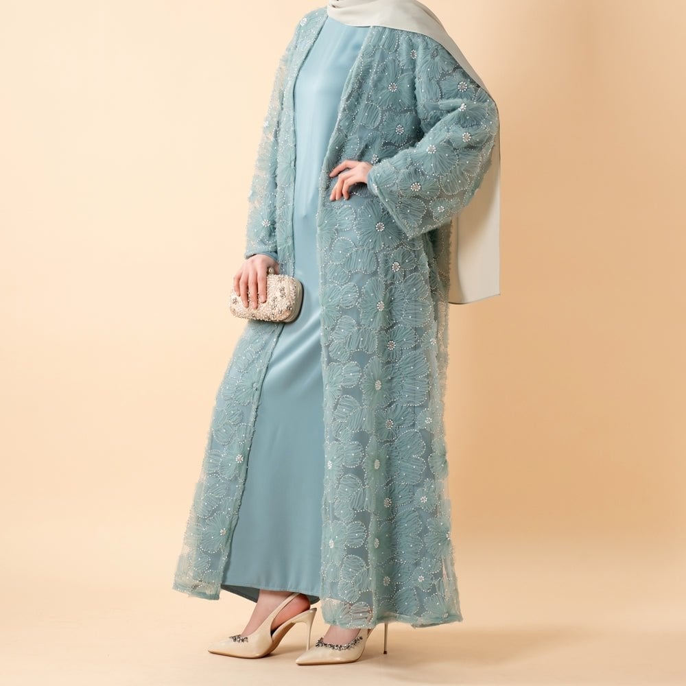 Beaded Mesh Abaya Over Satin Dress Beaded Mesh Abaya Over Satin Dress — Classy Muslim Outfits