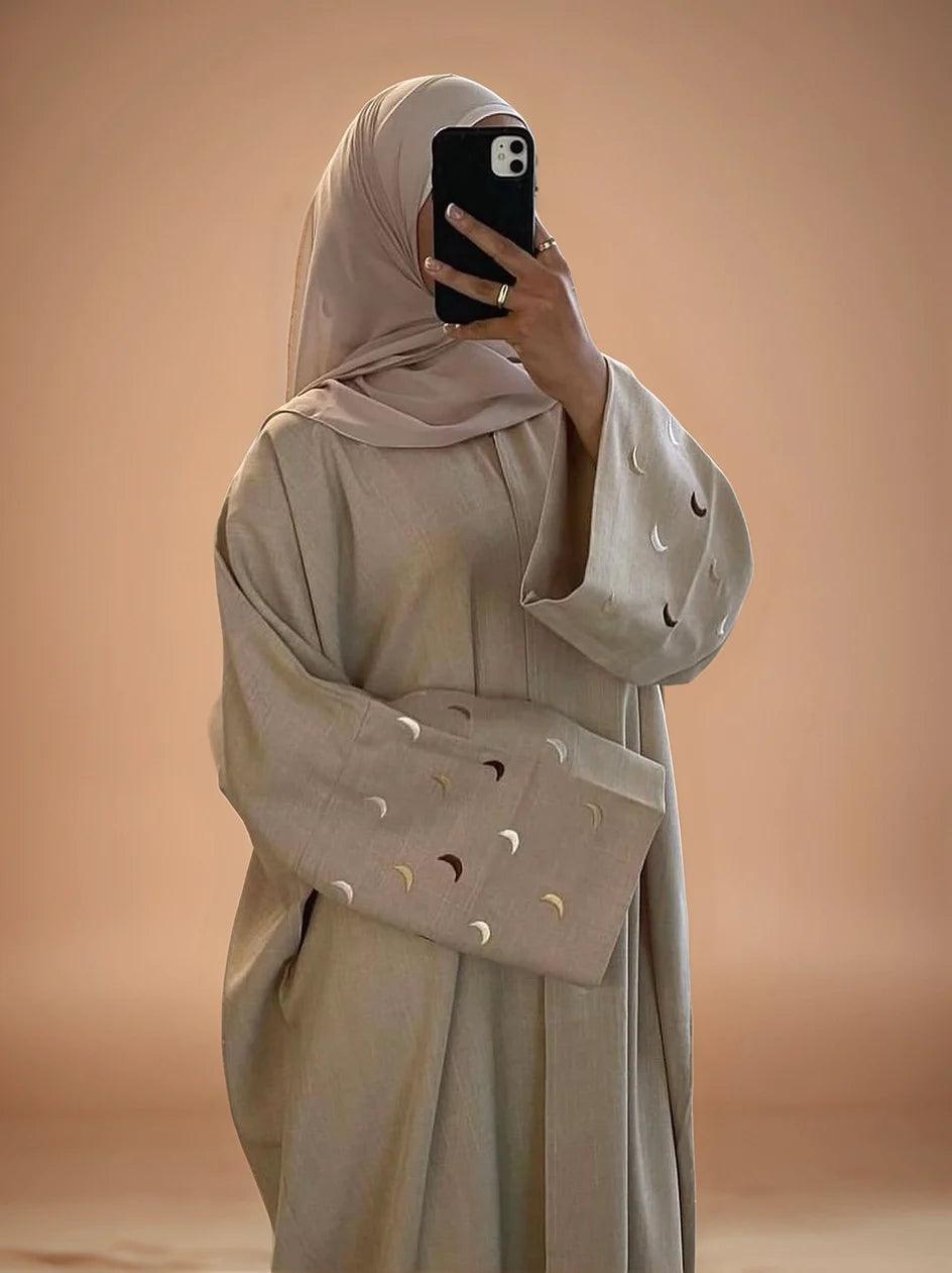 Embroidered Beige Abaya with Crescent Detail Embroidered Beige Abaya with Crescent Detail — Classy Muslim Outfits