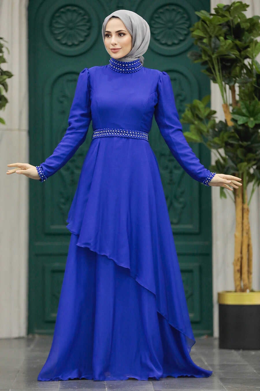 Royal Blue Dress with Beaded Embellishments and She Wears A Grey Hijab Royal Blue Dress with Beaded Embellishments and She Wears A Grey Hijab — Classy Muslim Outfits