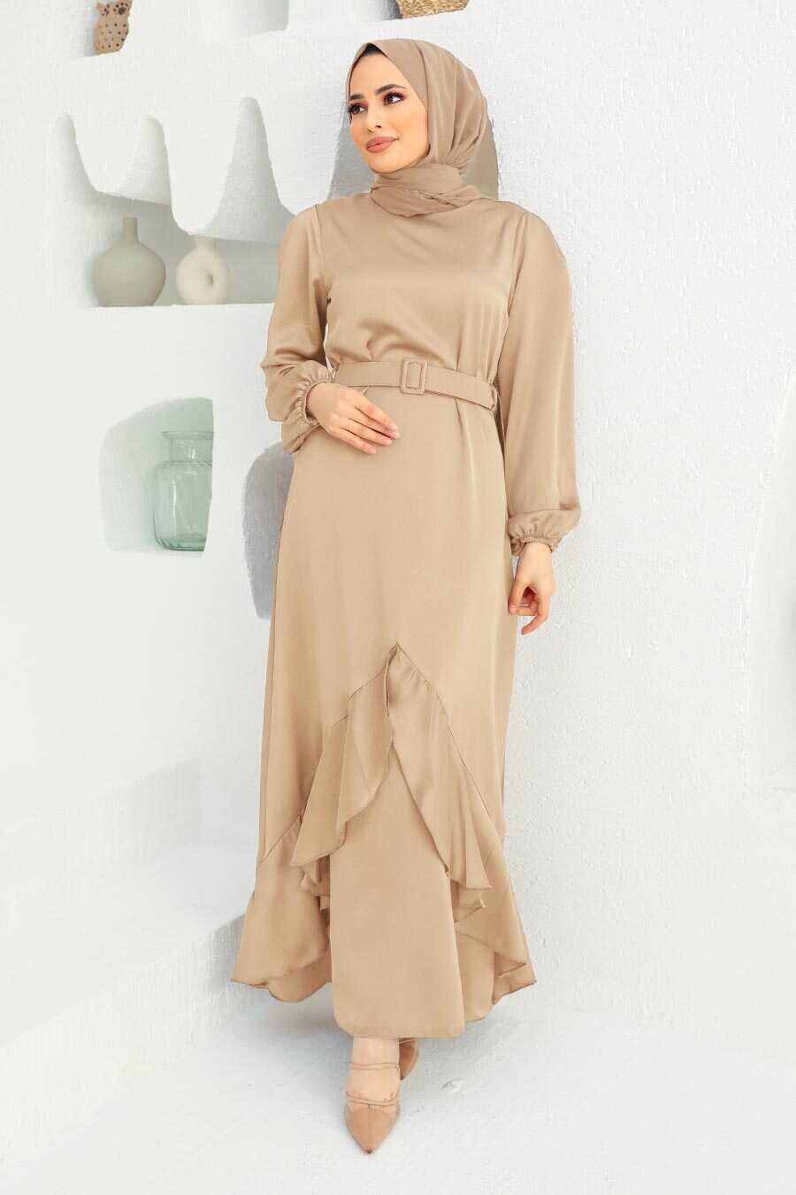 Beige Satin Dress with Ruffled Hem and Pointed Toe Heels Beige Satin Dress with Ruffled Hem and Pointed Toe Heels — Classy Muslim Outfits