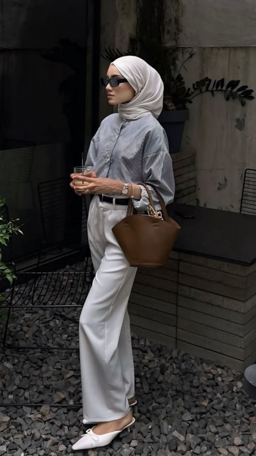 Striped Button-Down and White Trousers Combination Striped Button-Down and White Trousers Combination — Classy Muslim Outfits