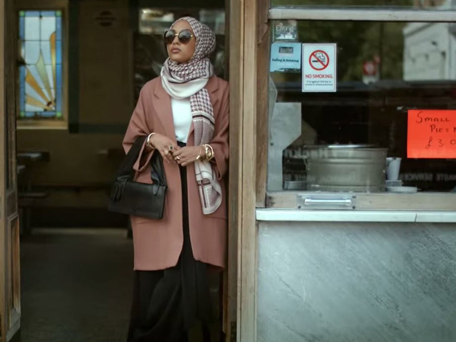 Pink Blazer Over White Top and Black Trousers Pink Blazer Over White Top and Black Trousers — Classy Muslim Outfits