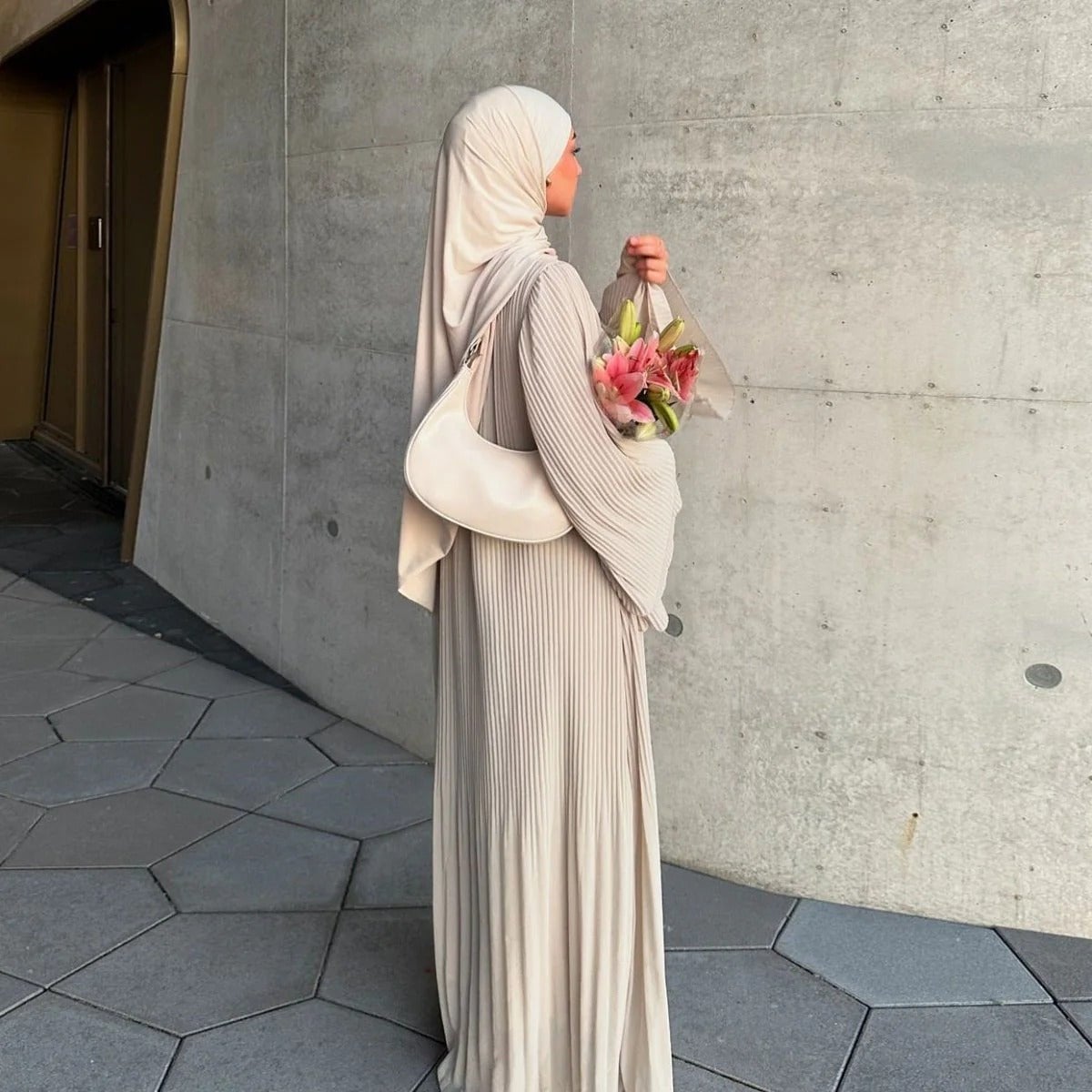 Pleated Maxi Dress and Crescent Shoulder Bag Pleated Maxi Dress and Crescent Shoulder Bag — Classy Muslim Outfits