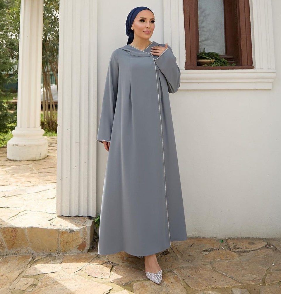 Grey Hooded Abaya with Rhinestone Trim Grey Hooded Abaya with Rhinestone Trim — Classy Muslim Outfits