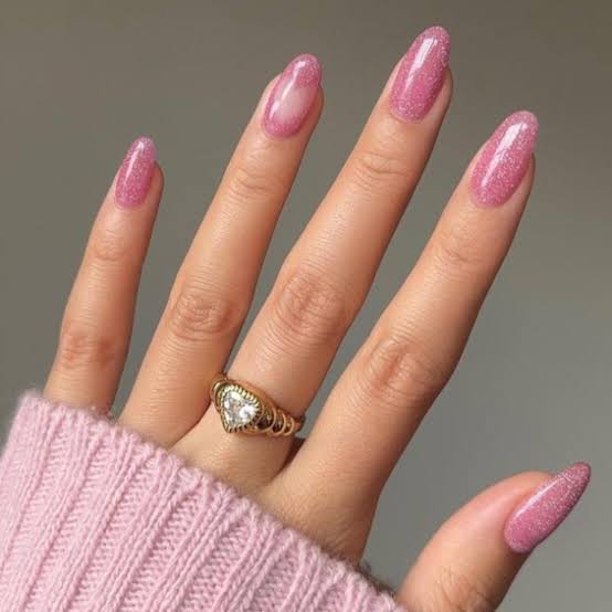 Medium Almond Sheer Pink Shimmer Glossy Nails Medium Almond Sheer Pink Shimmer Glossy Nails — Classy Nail Extensions