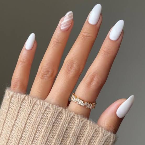 Medium Almond Nude White Vertical Line Art Medium Almond Nude White Vertical Line Art — Classy Nail Extensions