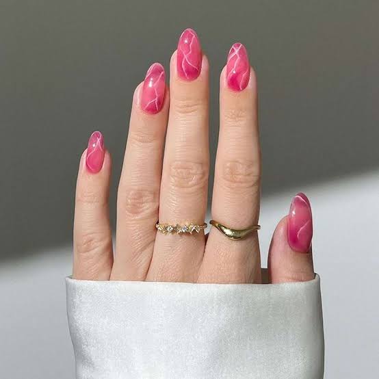 Medium Almond Vibrant Pink White Marble Art Medium Almond Vibrant Pink White Marble Art — Classy Nail Extensions