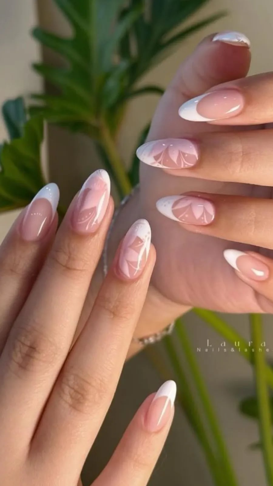 Medium Oval Pink White Floral Art French Tips Medium Oval Pink White Floral Art French Tips — Classy Nail Extensions