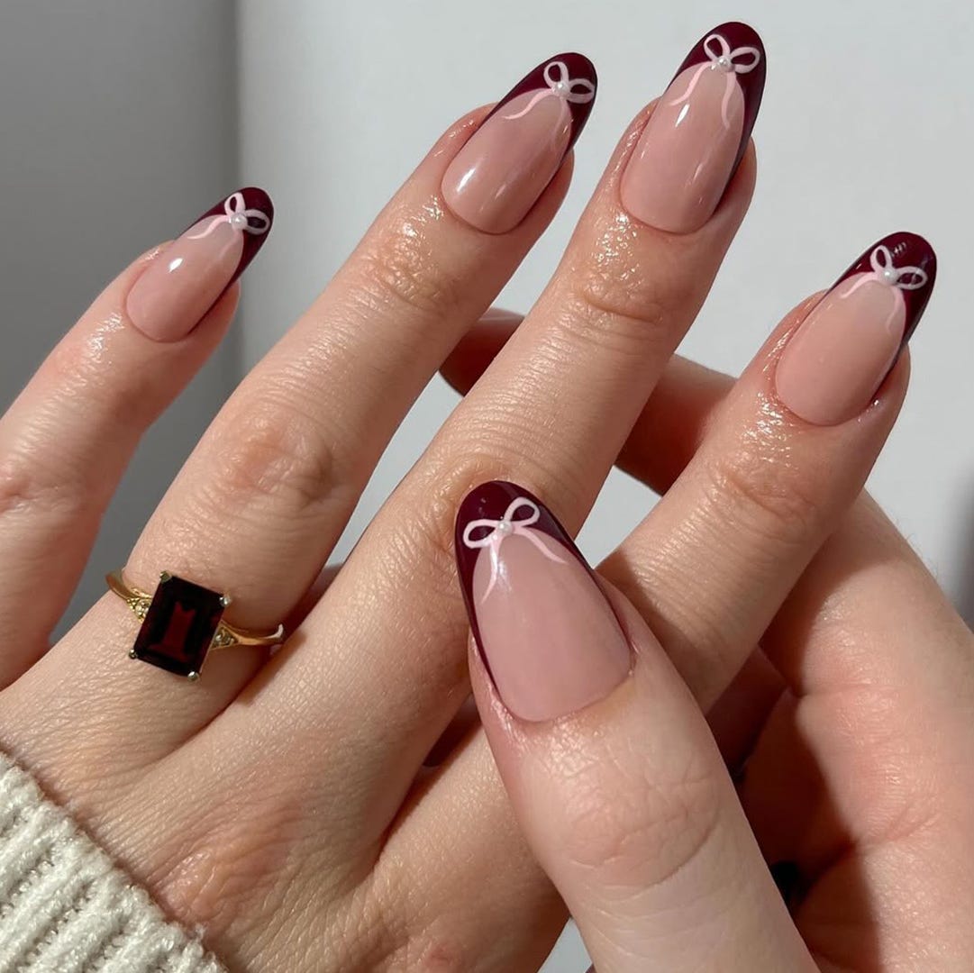 Medium Almond Burgundy French White Bow Art Medium Almond Burgundy French White Bow Art — Classy Nail Extensions
