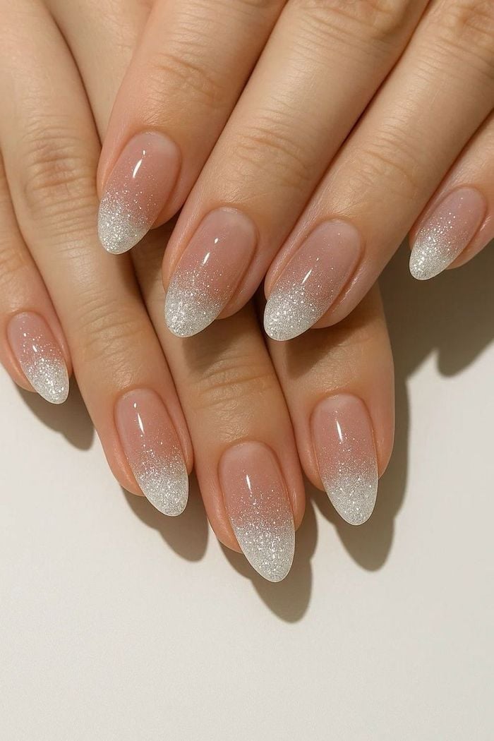 Medium Almond Glitter Gradient French Tip Nails Medium Almond Glitter Gradient French Tip Nails — Classy Nail Extensions