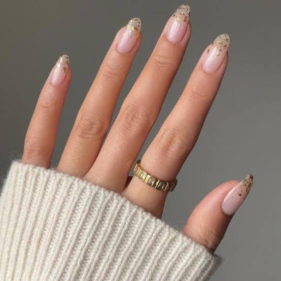 Medium Almond Nude Gold Foil Accent Tips Medium Almond Nude Gold Foil Accent Tips — Classy Nail Extensions