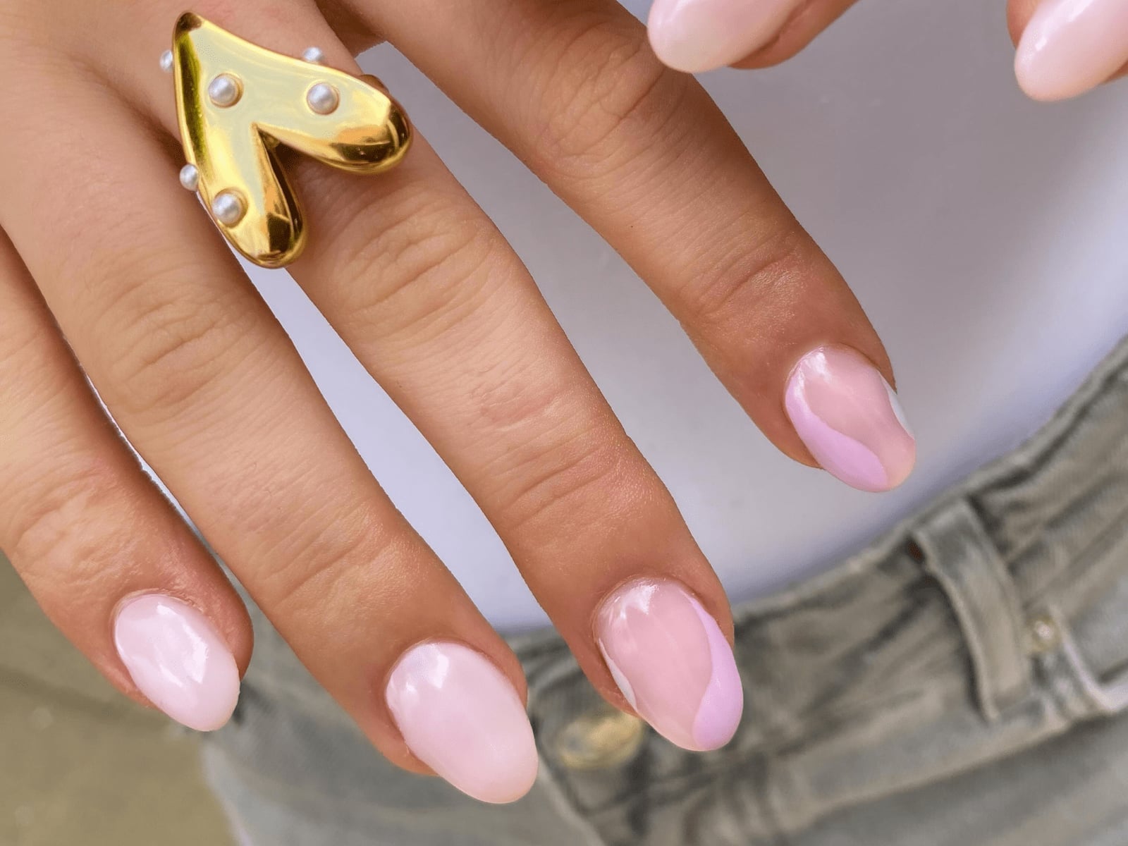 Short Oval Milky Pink Abstract Swirl Nails Short Oval Milky Pink Abstract Swirl Nails — Classy Nail Extensions