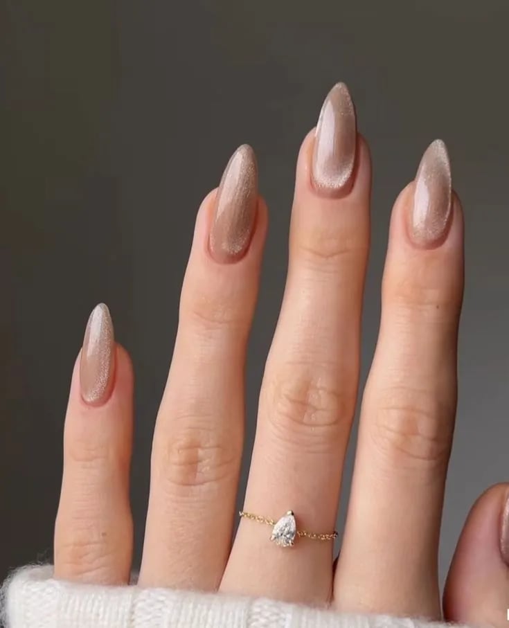 Long Almond Shimmery Taupe Cat-Eye Nails Long Almond Shimmery Taupe Cat-Eye Nails — Classy Nail Shapes