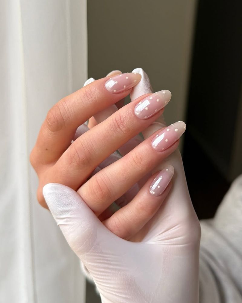 White Polka Dot Nude Almond Nails White Polka Dot Nude Almond Nails — Classy Nail Shapes