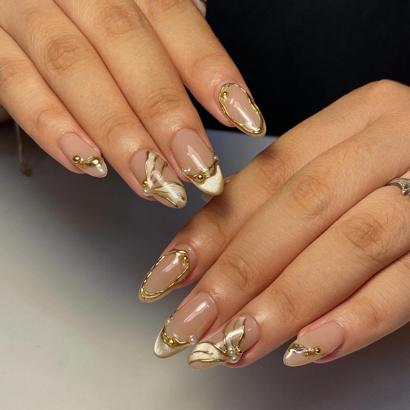 Nude Almond With Gold Outline And Beads Nude Almond With Gold Outline And Beads — Classy Nail Shapes