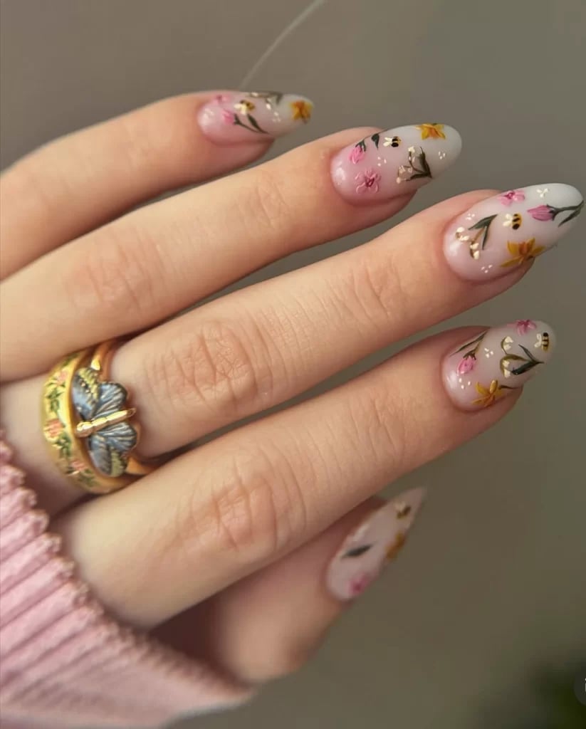 Floral Print Milky Nude Almond Nails Floral Print Milky Nude Almond Nails — Classy Nail Shapes