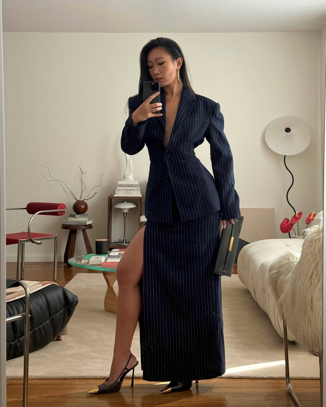 Navy Pinstripe Suit with High-Slit Skirt Navy Pinstripe Suit with High-Slit Skirt — Classy Navy Outfits