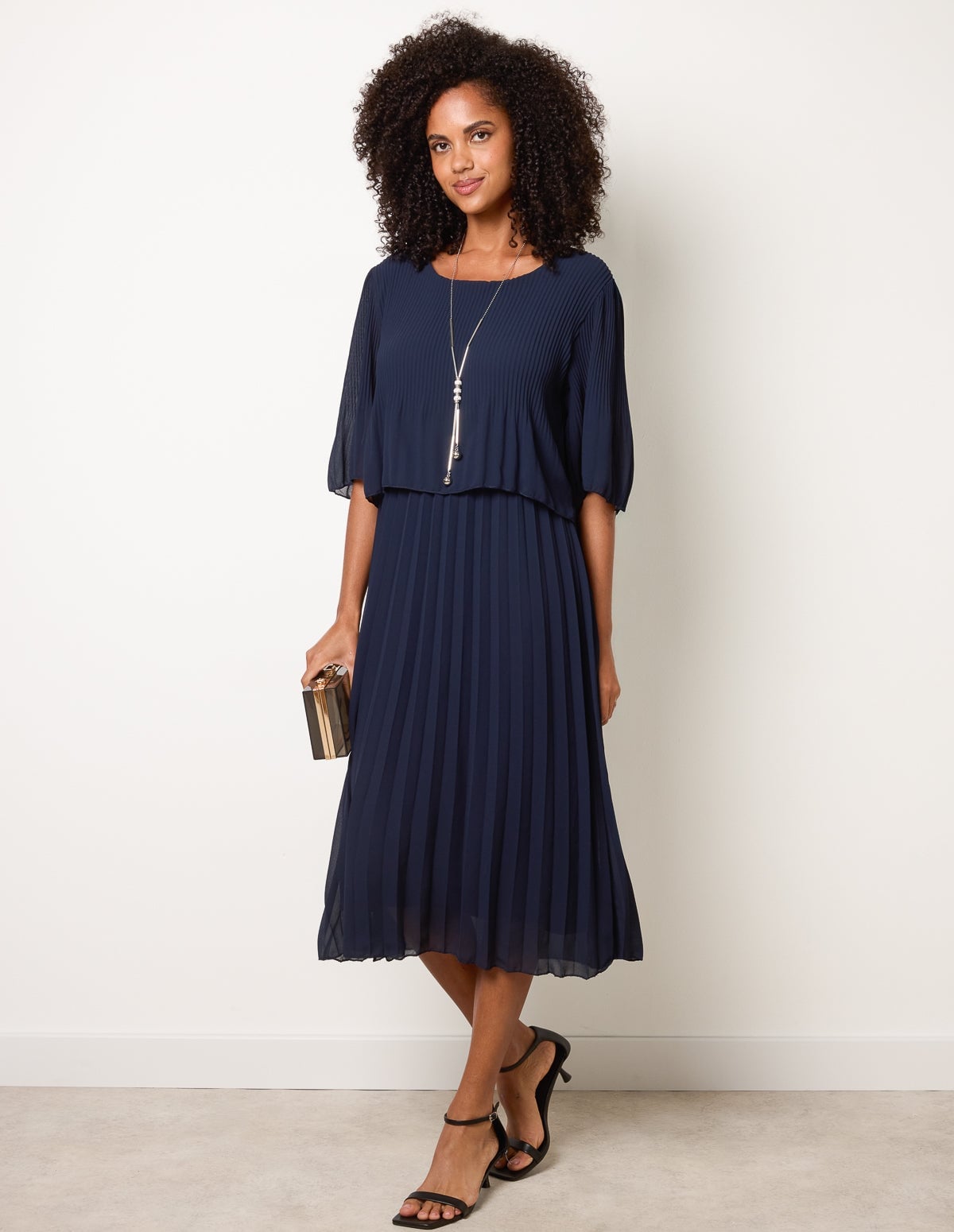 Navy Fit and Flare Dress with Pleated Overlay Navy Fit and Flare Dress with Pleated Overlay — Classy Navy Outfits