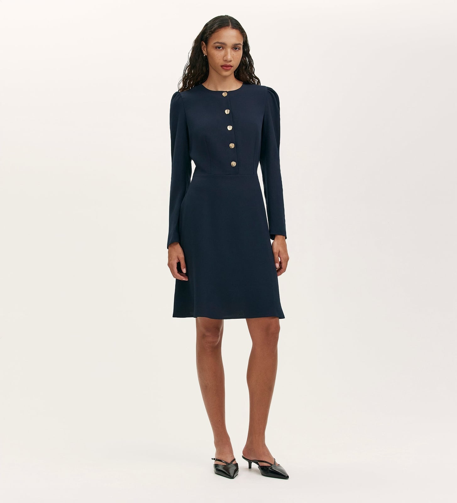 Navy Crepe Dress with Puff Shoulders and Gold Buttons Navy Crepe Dress with Puff Shoulders and Gold Buttons — Classy Navy Outfits
