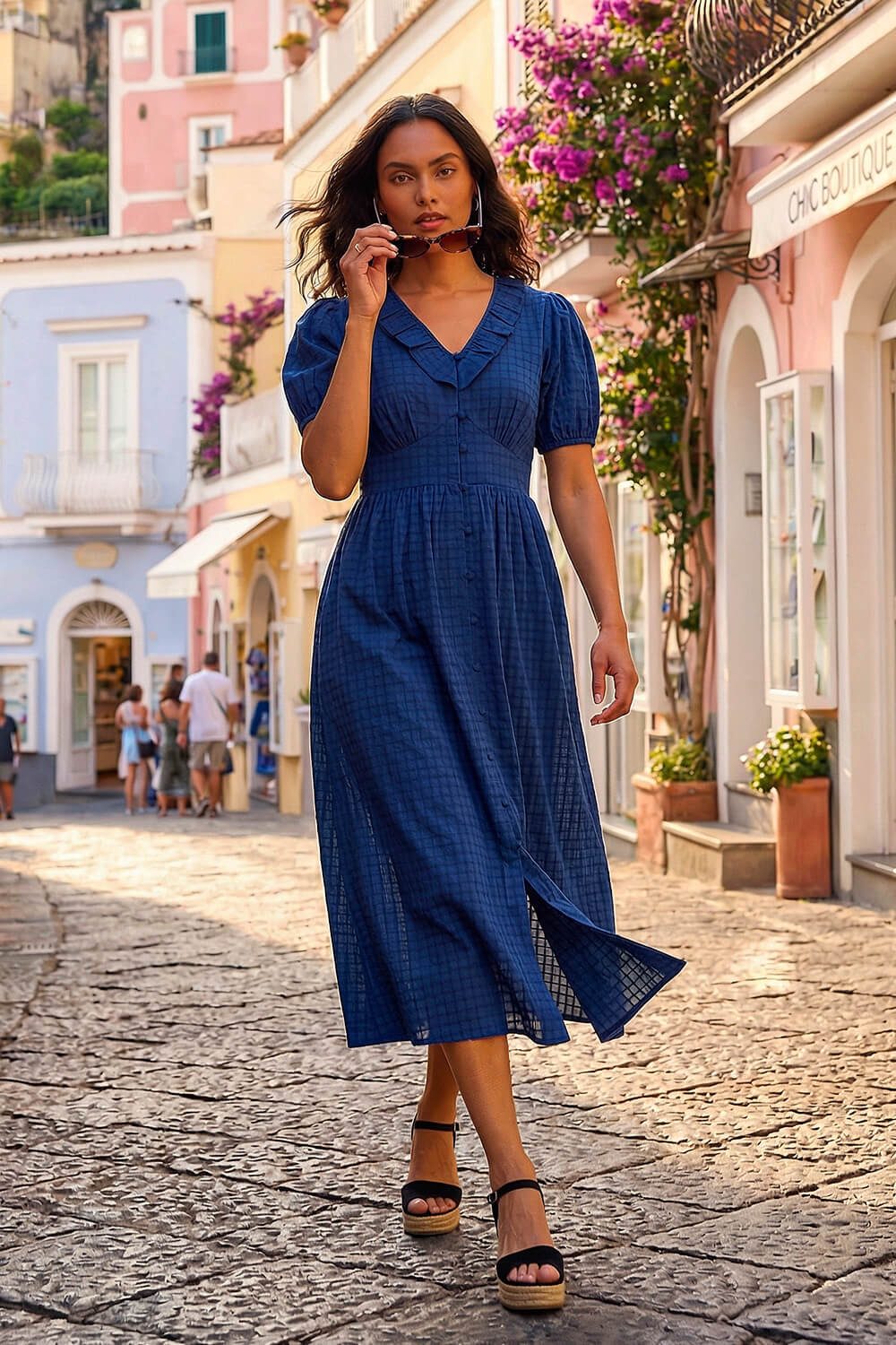 Navy Textured Midi Dress with Puff Sleeves Navy Textured Midi Dress with Puff Sleeves — Classy Navy Outfits