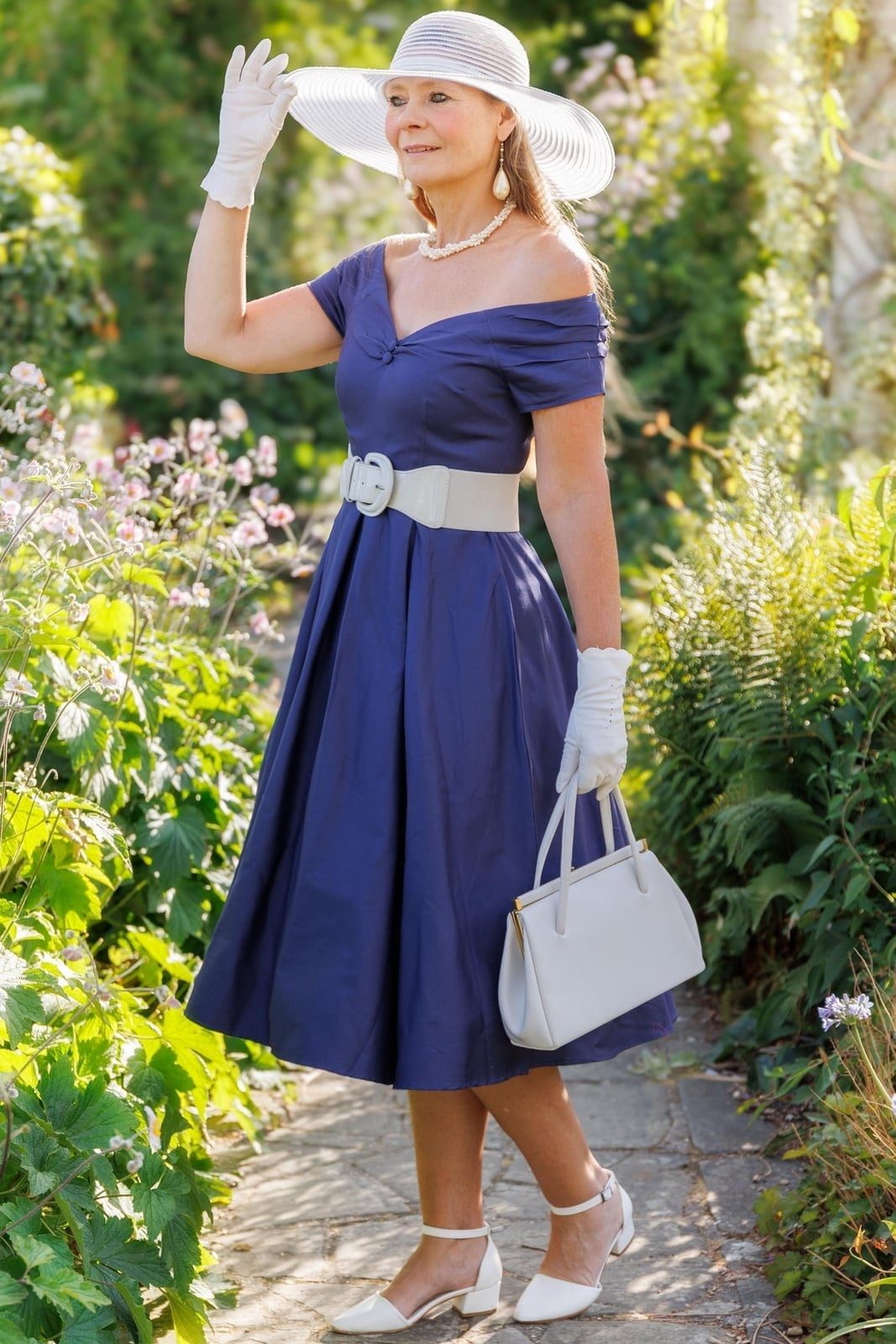 Royal Blue Off-Shoulder Dress with White Accessories Royal Blue Off-Shoulder Dress with White Accessories — Classy Navy Outfits