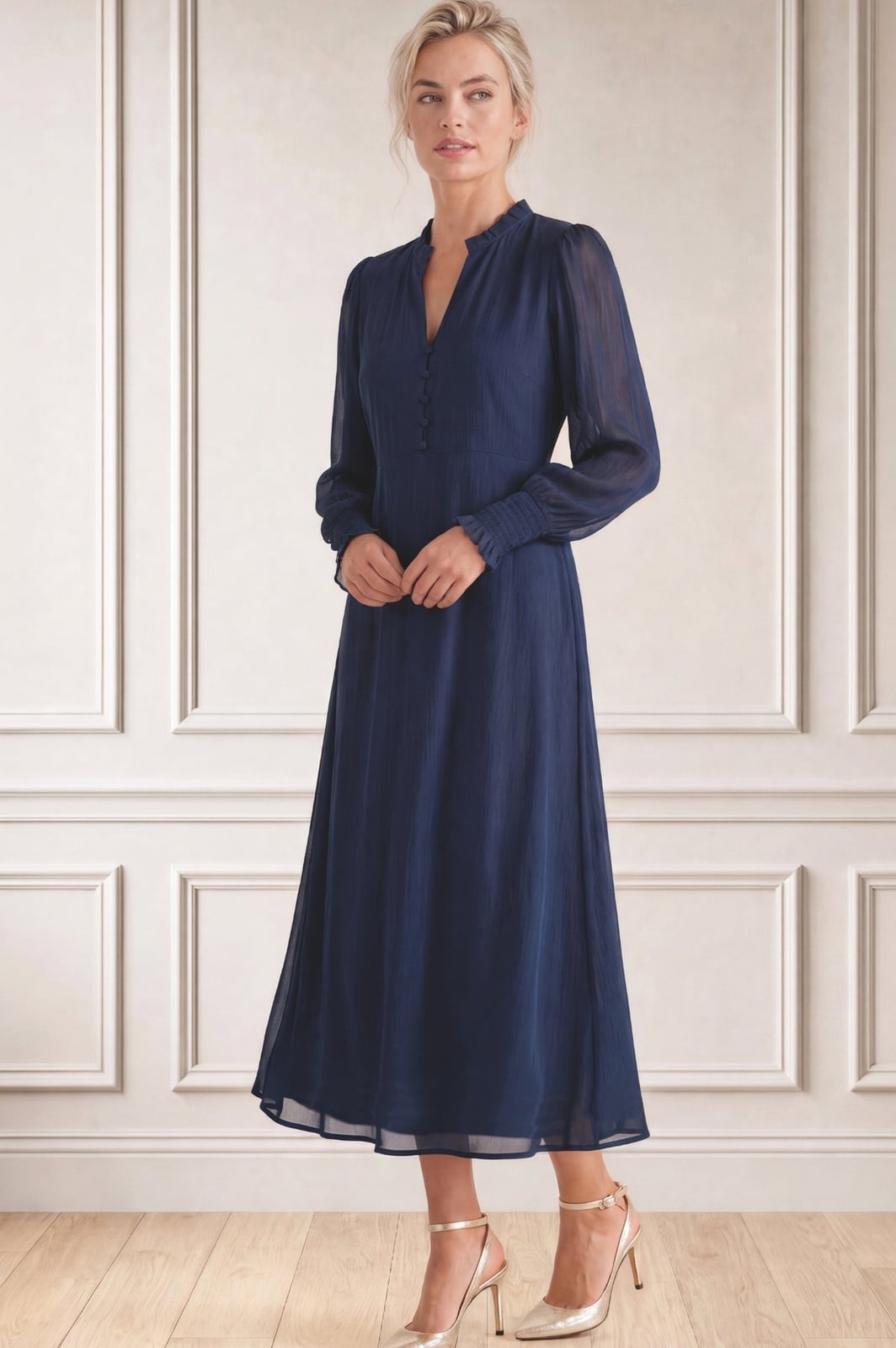 Navy Chiffon Midi Dress with Button-Down Front Navy Chiffon Midi Dress with Button-Down Front — Classy Navy Outfits