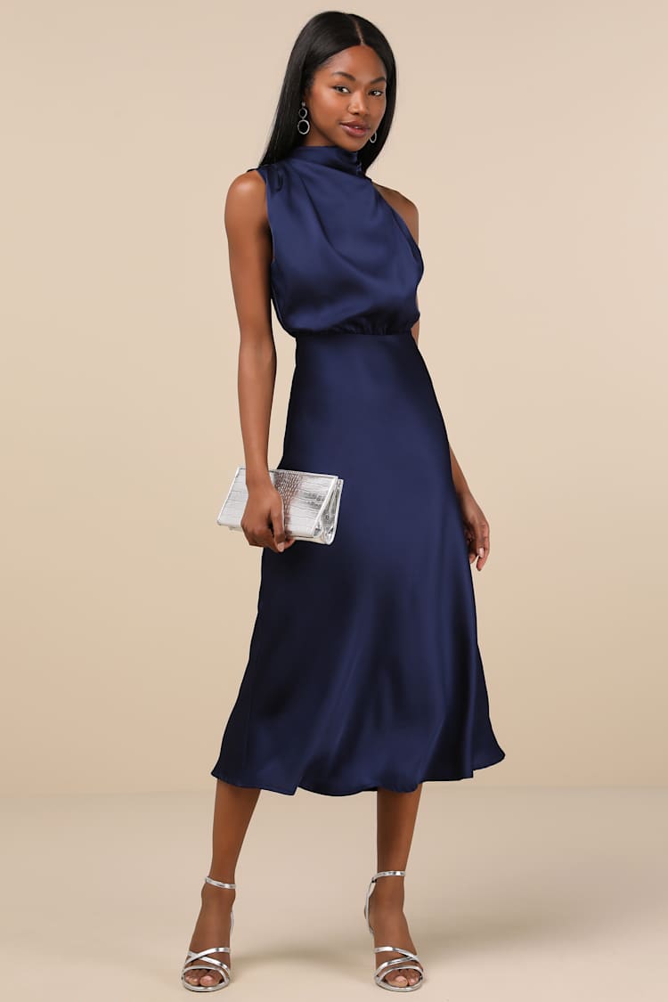 Satin Midi Dress with Mock Neck Satin Midi Dress with Mock Neck — Classy Navy Outfits