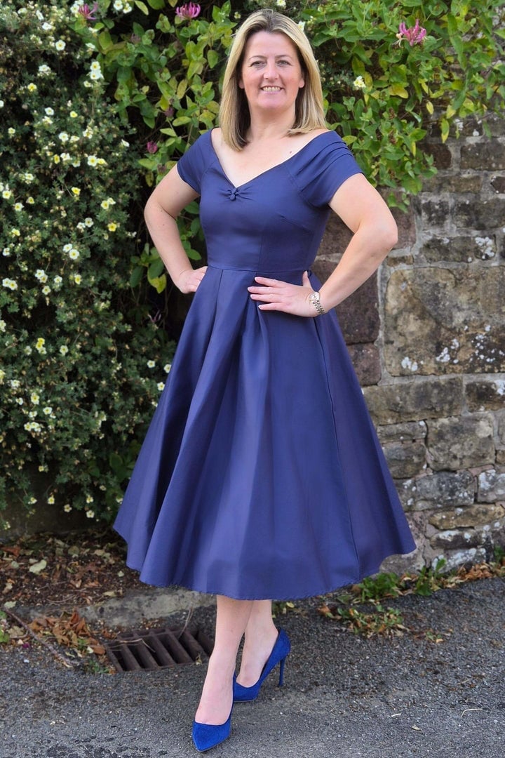 Navy Fit and Flare Dress with V-neck Navy Fit and Flare Dress with V-neck — Classy Navy Outfits