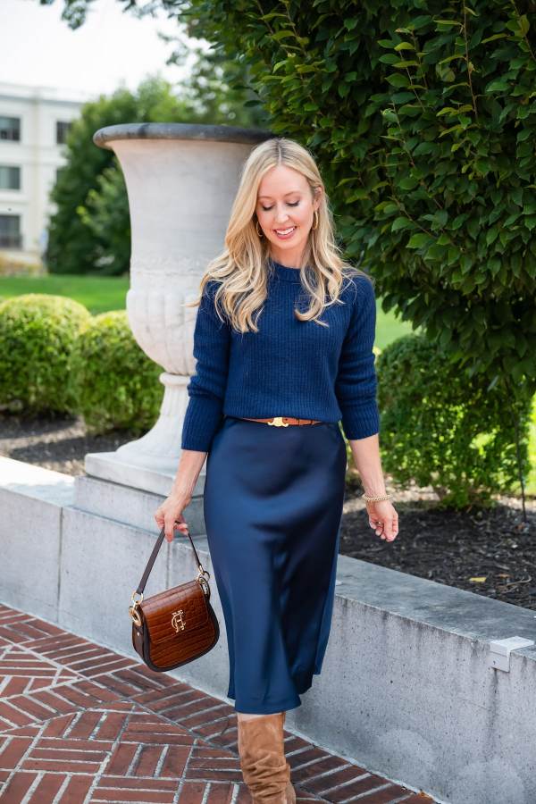 Navy Ribbed Sweater with Satin Slip Skirt Navy Ribbed Sweater with Satin Slip Skirt — Classy Navy Outfits