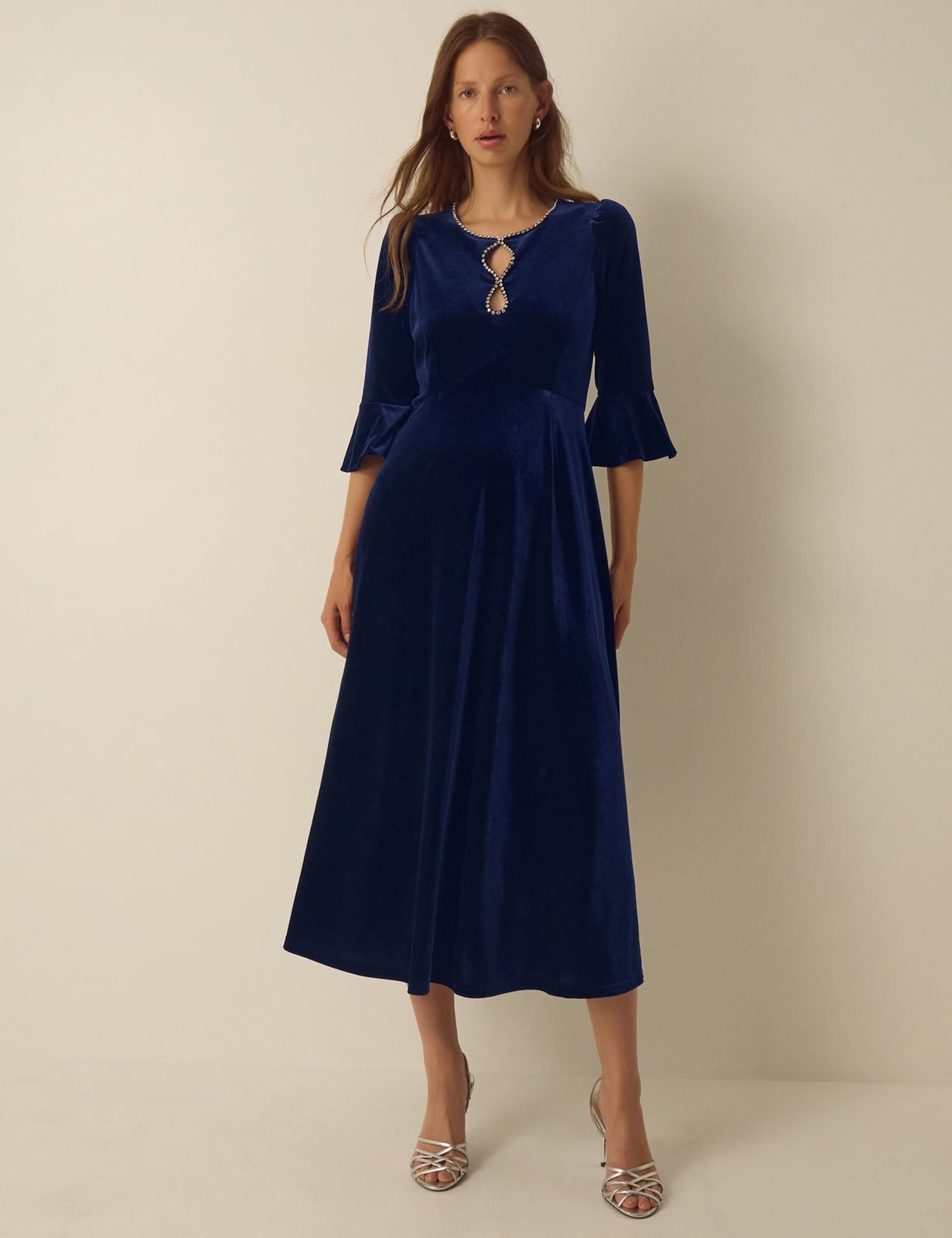 Navy Velvet Midi Dress with Bell Sleeves Navy Velvet Midi Dress with Bell Sleeves — Classy Navy Outfits