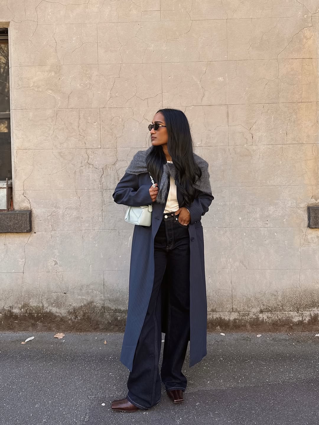 Long Navy Pinstripe Coat Over Jeans and Cream Top Long Navy Pinstripe Coat Over Jeans and Cream Top — Classy Navy Outfits
