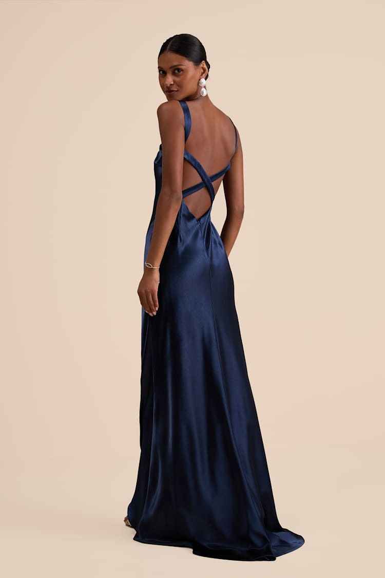 Navy Satin Maxi Dress with Criss-Cross Back Navy Satin Maxi Dress with Criss-Cross Back — Classy Navy Outfits