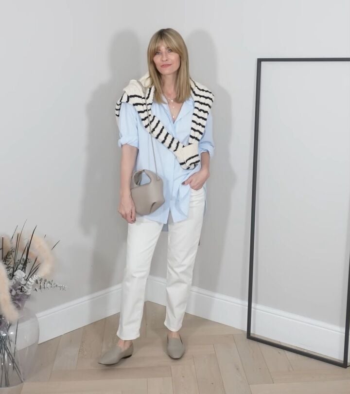 Light Blue Shirt With Draped Sweater And Grey Loafers Light Blue Shirt With Draped Sweater And Grey Loafers — Classy Neutral Outfits