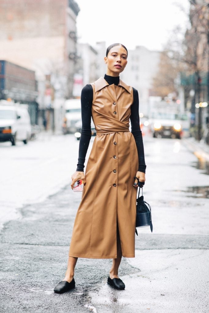 Turtleneck Under Faux Leather Midi Dress Turtleneck Under Faux Leather Midi Dress — Classy Neutral Outfits