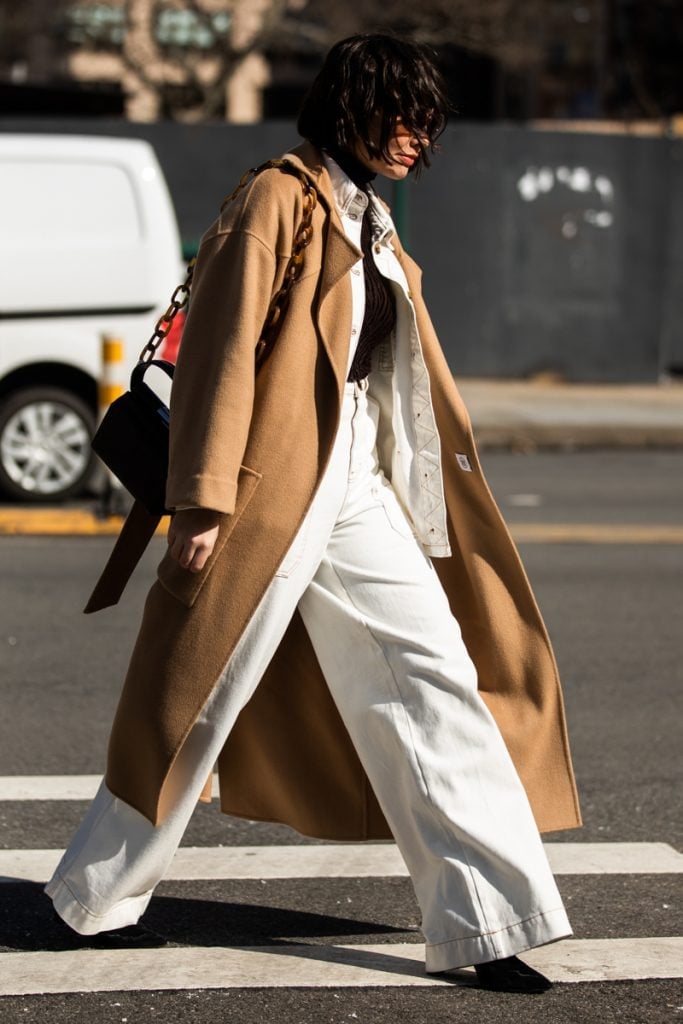 Camel Coat Over White Shirt And Wide Leg Trousers Camel Coat Over White Shirt And Wide Leg Trousers — Classy Neutral Outfits