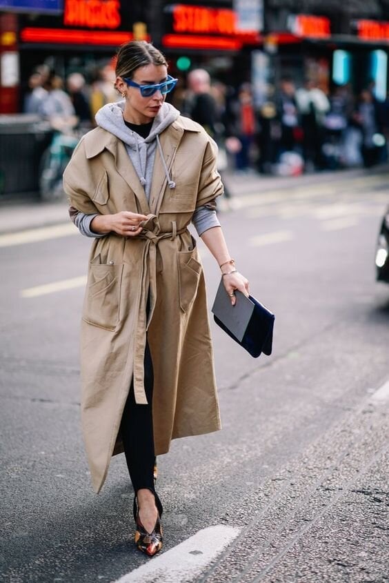 Beige Trench Coat Over Grey Hoodie Beige Trench Coat Over Grey Hoodie — Classy Neutral Outfits