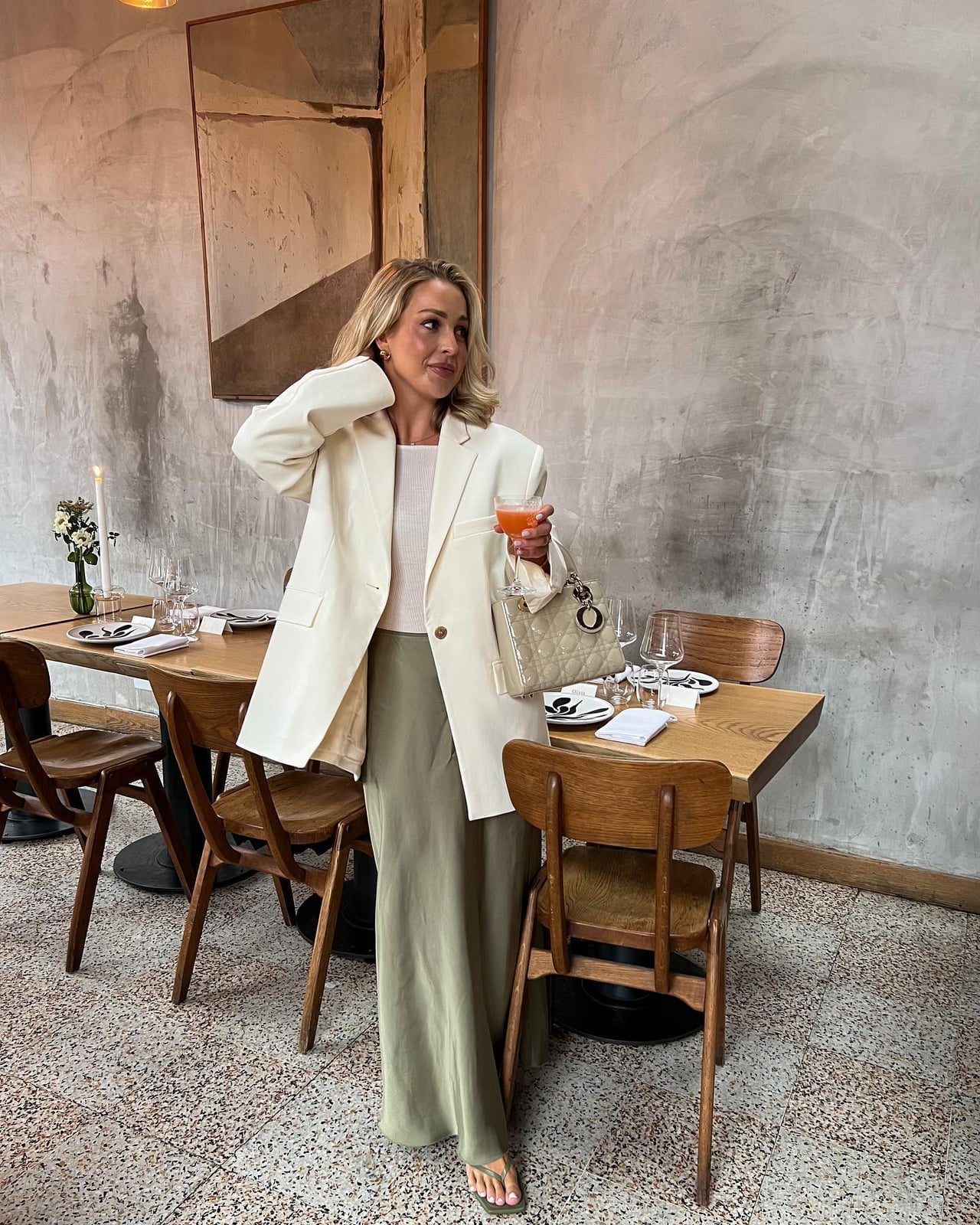 Ivory Blazer With Olive Green Satin Trousers Ivory Blazer With Olive Green Satin Trousers — Classy Neutral Outfits