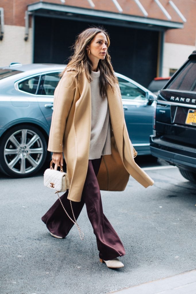 Camel Wool Coat Over Beige Sweater And Plum Trousers Camel Wool Coat Over Beige Sweater And Plum Trousers — Classy Neutral Outfits
