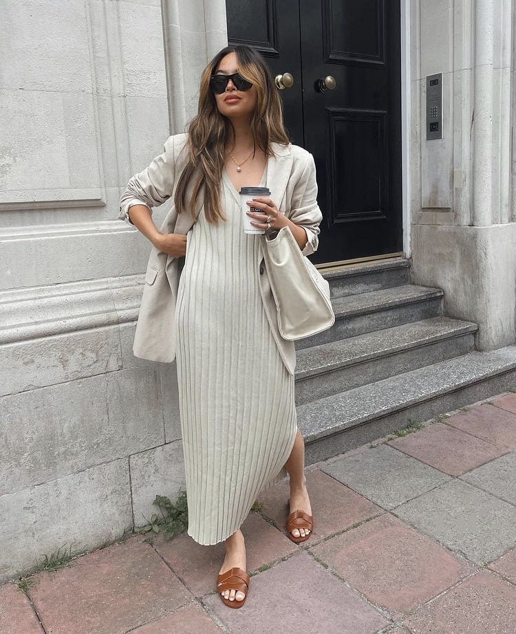 Beige Linen Blazer Over Ribbed Knit Midi Dress Beige Linen Blazer Over Ribbed Knit Midi Dress — Classy Neutral Outfits