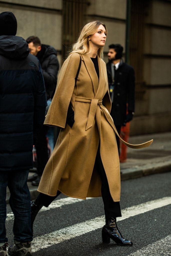 Camel Wrap Coat Over Black Separates Camel Wrap Coat Over Black Separates — Classy Neutral Outfits