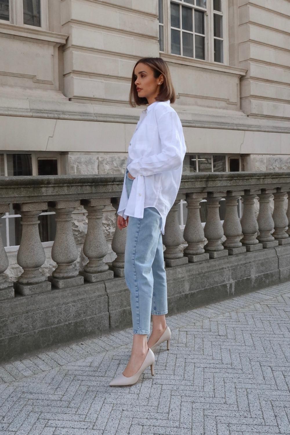 White Button-Down Shirt With Light Blue Jeans White Button-Down Shirt With Light Blue Jeans — Classy Neutral Outfits