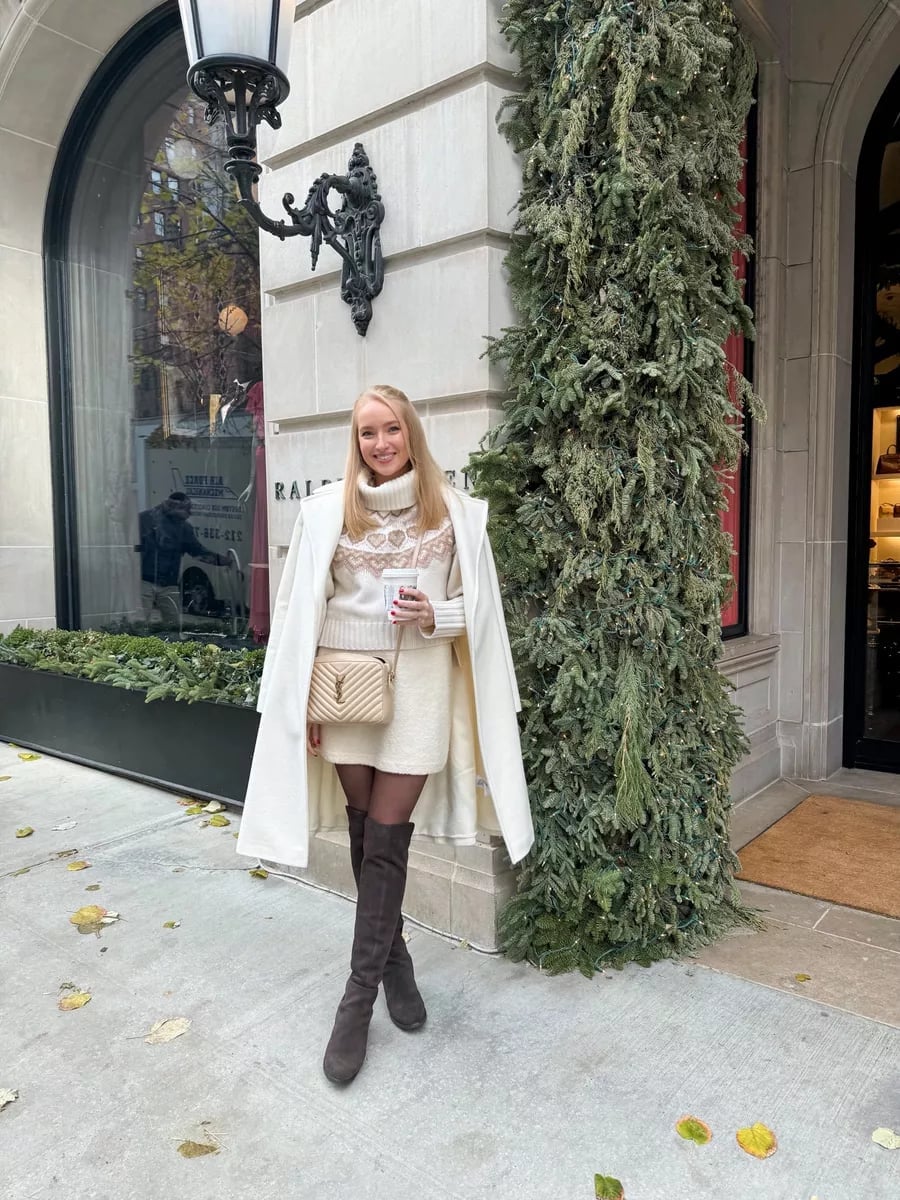 Heart-patterned Sweater with Mini Skirt and Long Coat Heart-patterned Sweater with Mini Skirt and Long Coat — Classy New York Outfits