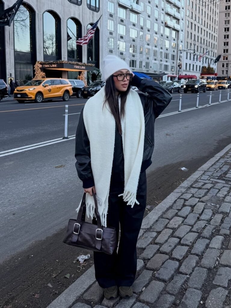 Black Jacket with White Scarf and Beanie Black Jacket with White Scarf and Beanie — Classy New York Outfits