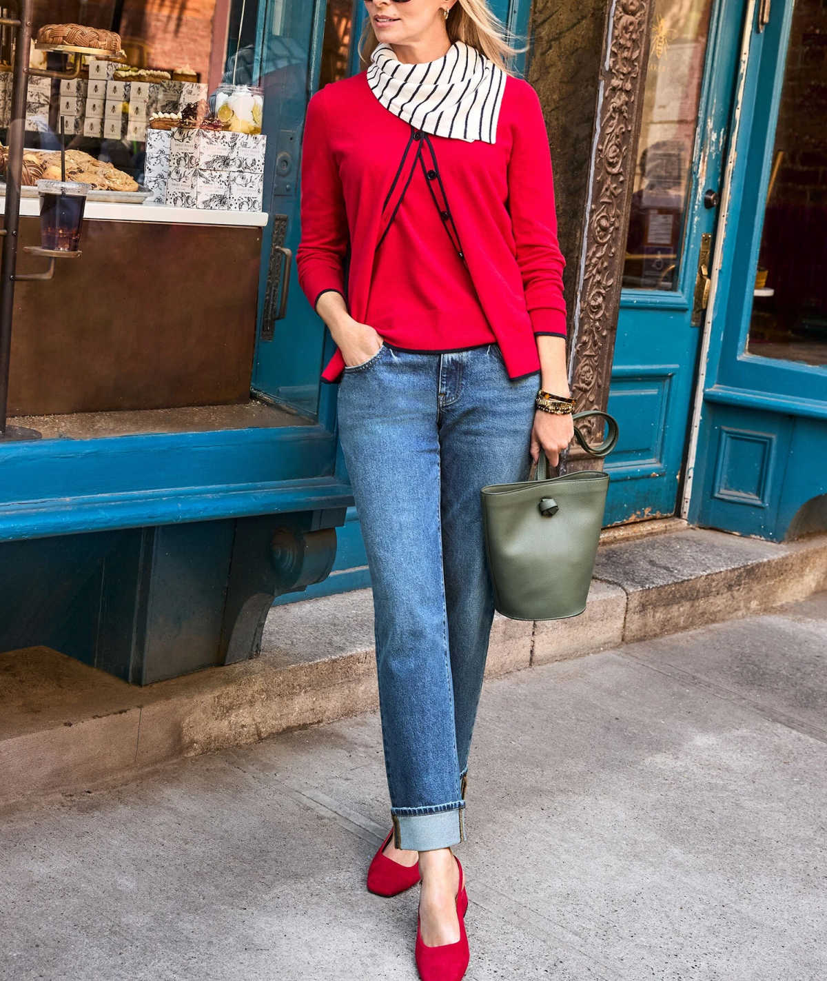 Red Cardigan with Striped Scarf and Jeans Red Cardigan with Striped Scarf and Jeans — Classy New York Outfits