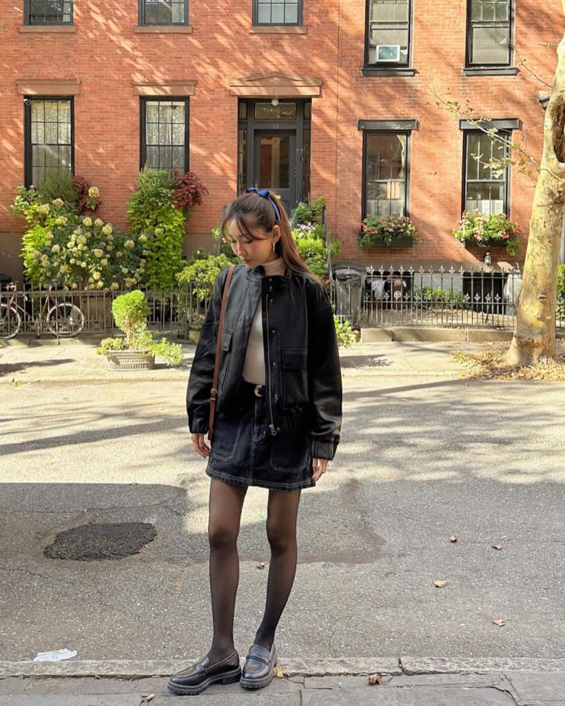 Bomber Jacket Over Turtleneck with Denim Skirt Bomber Jacket Over Turtleneck with Denim Skirt — Classy New York Outfits